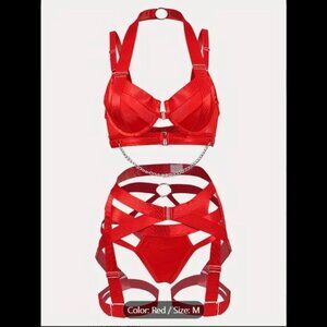 ❤️ Red Sexy Strappy Harness Lingerie Bra & Panty Set | MEDIUM | BNWT